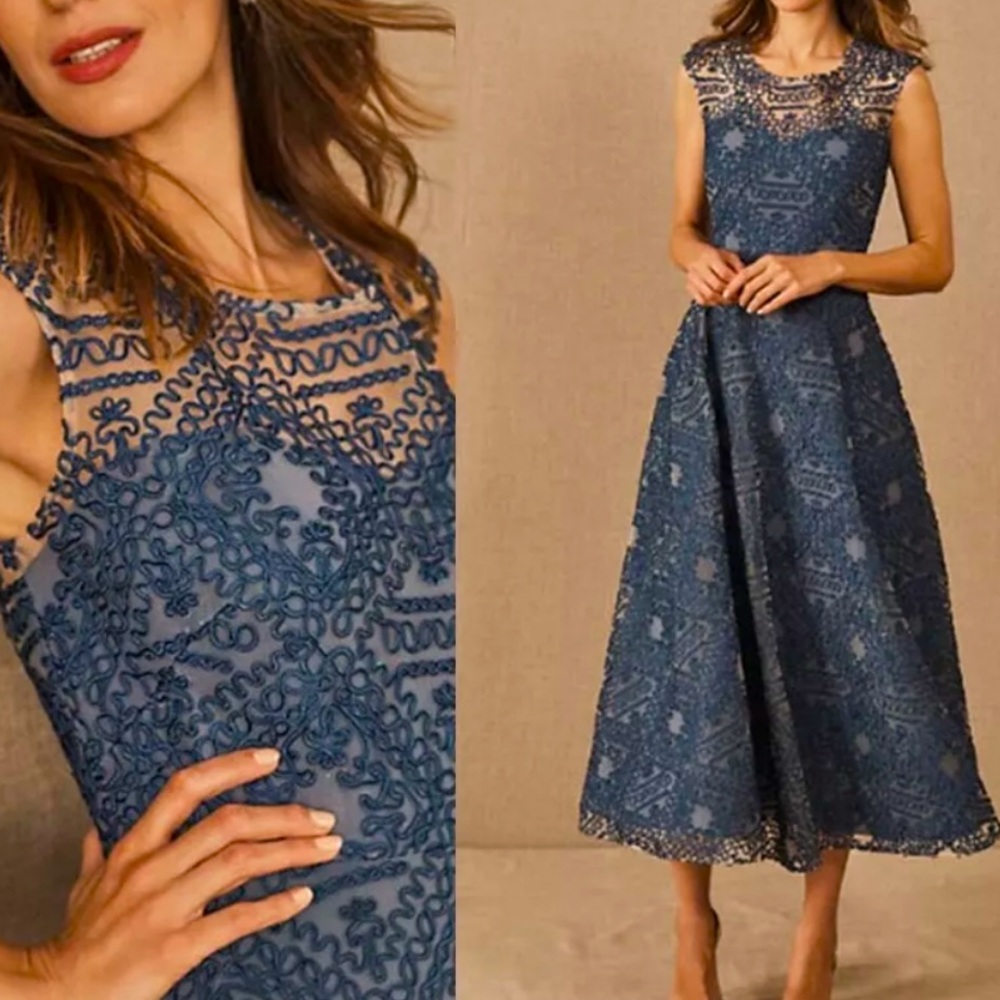 New Sara Emanuel x BHLDN Presley 0 & 4 Blue Textured Midi Cocktail Formal Dress